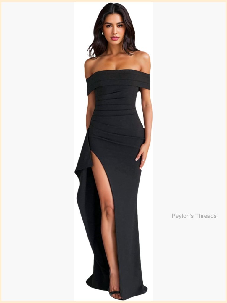 Off The Shoulder Maxi Dress With High Slit Ruched Bodycon